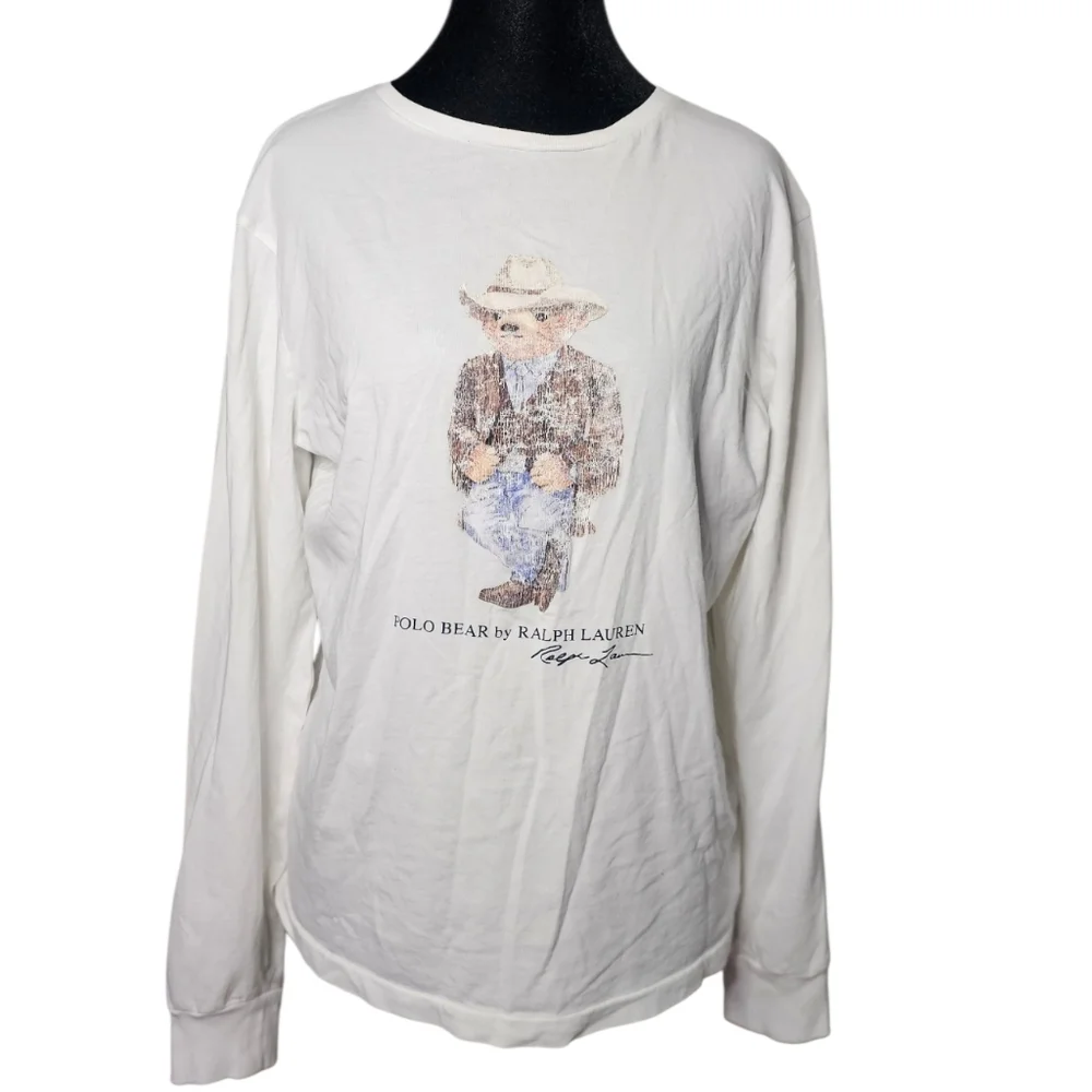 Mens Ralph Lauren White Polo Bear Long Sleeve Shirt Size M - Picture 4 of 8